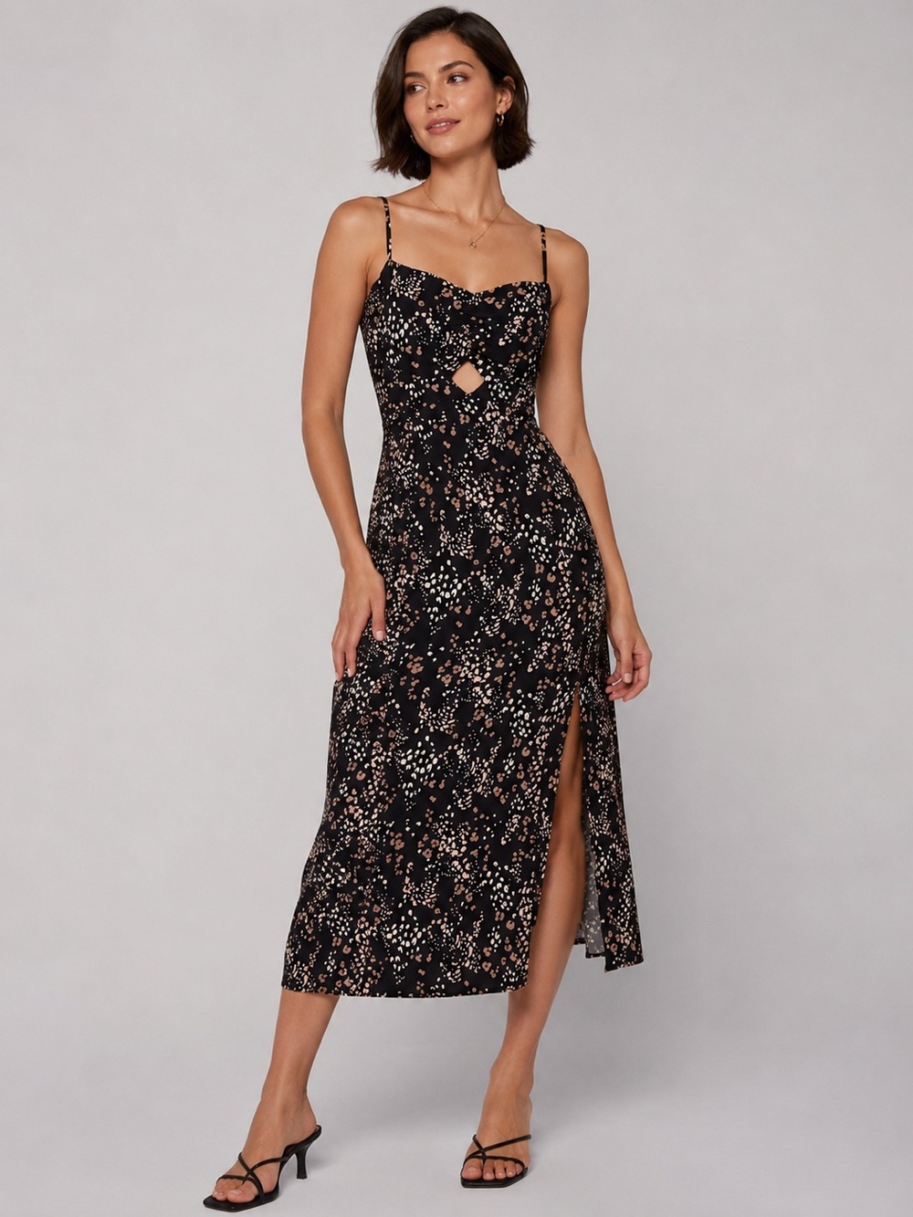 SALTWATER LUXE | Printed Sleeveless Midi Dress with Cutout in Black Motif, Small